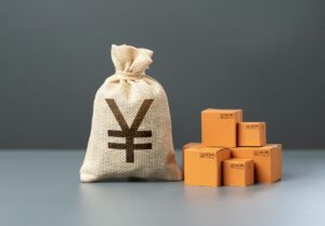Boxes of goods and japanese yen money bag.
